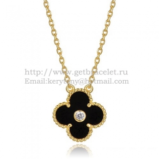 Van Cleef & Arpels Vintage Alhambra Pendant Yellow Gold With Black Agate Mother Of Pearl Round Diamonds