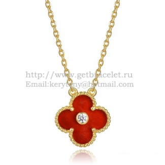 Van Cleef & Arpels Vintage Alhambra Pendant Yellow Gold With Carnelian Mother Of Pearl Round Diamonds