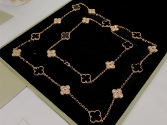 Van Cleef & Arpels Vintage Alhambra long necklace 20 Motifs Black Agate with Diamond