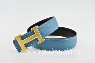 Hermes Reversible Belt Blue/Black Classics H Togo Calfskin With 18k Gold With Logo Buckle