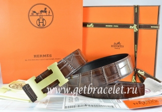 Hermes Reversible Belt Brown/Black Crocodile Stripe Leather With18K Gold H Buckle