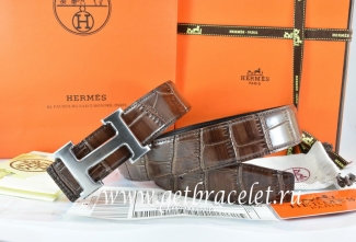 Hermes Reversible Belt Brown/Black Crocodile Stripe Leather With18K Drawbench Silver H Buckle