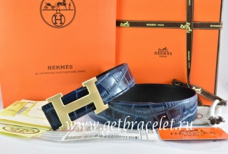 Hermes Reversible Belt Blue/Black Crocodile Stripe Leather With18K Drawbench Gold H Buckle