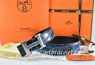 Hermes Reversible Belt Blue/Black Crocodile Stripe Leather With18K Drawbench Silver H Buckle