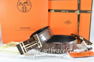 Hermes Reversible Belt Brown/Black Crocodile Stripe Leather With18K Gold H au Carre Buckle