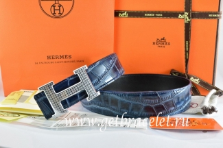 Hermes Reversible Belt Blue/Black Crocodile Stripe Leather With18K Silver Wave Stripe H Buckle