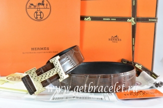 Hermes Reversible Belt Brown/Black Crocodile Stripe Leather With18K Gold Spot Stripe H Buckle