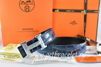 Hermes Reversible Belt Blue/Black Crocodile Stripe Leather With18K Silver Geometric Stripe H Buckle