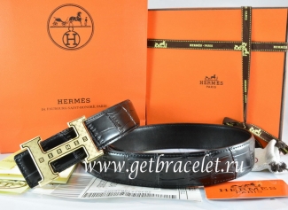 Hermes Reversible Belt Black/Black Crocodile Stripe Leather With18K Gold Weave Stripe H Buckle