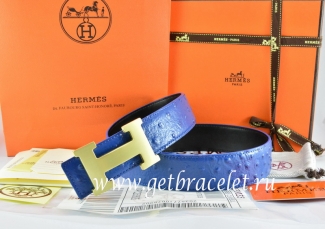 Hermes Reversible Belt Blue/Black/Black Ostrich Stripe Leather With 18K Gold H Buckle