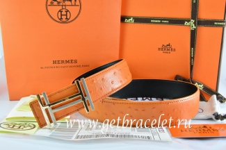 Hermes Reversible Belt Orange/Black Ostrich Stripe Leather With 18K Gold H au Carre Buckle
