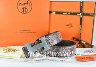 Hermes Reversible Belt Brown/Black Snake Stripe Leather With 18K Silver H Buckle