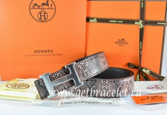 Hermes Reversible Belt Brown/Black Snake Stripe Leather With 18K Drawbench Silver H Buckle