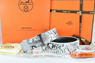 Hermes Reversible Belt White/Black Snake Stripe Leather With 18K Drawbench Silver H Buckle