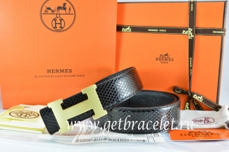 Hermes Reversible Belt Black/Black Snake Stripe Leather With 18K Gold H Buckle