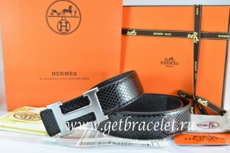 Hermes Reversible Belt Black/Black Snake Stripe Leather With 18K Drawbench Silver H Buckle