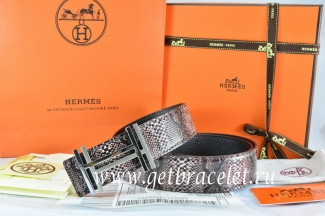 Hermes Reversible Belt Brown/Black Snake Stripe Leather With 18K Silver H au Carre Buckle