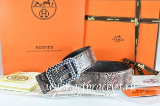 Hermes Reversible Belt Brown/Black Snake Stripe Leather With 18K Silver Lace Strip H Buckle