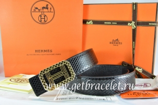 Hermes Reversible Belt Black/Black Snake Stripe Leather With 18K Gold Lace Strip H Buckle