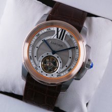 Calibre de Cartier Flying Tourbillon mens watch grey dial two-tone pink gold steel brown leather strap