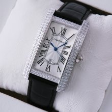 Cartier Tank Americaine diamond mens watch stainless steel black leather strap