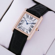 Cartier Tank Solo small swiss diamond watch for women 18K pink gold black leather strap