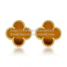 Van Cleef & Arpels Sweet Alhambra Earrings 15mm Yellow Gold With Tiger's Eye Mother Of Pearl