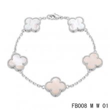Replica Van Cleef & Arpels Alhambra Bracelet In White With 5 White Clover