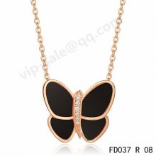 Fake Van Cleef & Arpels Butterfly Pendant In Pink Gold With Onyx