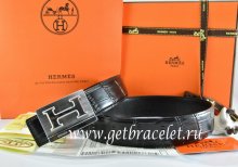 Hermes Reversible Belt Black/Black Crocodile Stripe Leather With18K Silver Big H Buckle
