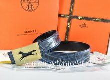 Hermes Reversible Belt Blue/Black Crocodile Stripe Leather With18K Gold Hollow Horse Buckle