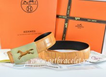 Hermes Reversible Belt Orange/Black Crocodile Stripe Leather With18K Gold Hollow Horse Buckle