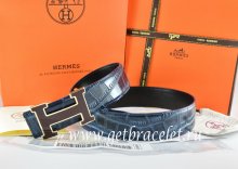 Hermes Reversible Belt Blue/Black Crocodile Stripe Leather With18K Black Gold Width H Buckle