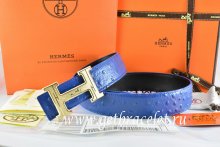 Hermes Reversible Belt Blue/Black Ostrich Stripe Leather With 18K Gold Geometric Stripe H Buckle