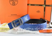 Hermes Reversible Belt Blue/Black Ostrich Stripe Leather With 18K Silver Lace Strip H Buckle