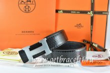 Hermes Reversible Belt Black/Black Snake Stripe Leather With 18K Silver H Buckle