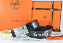 Hermes Reversible Belt Black/Black Snake Stripe Leather With 18K Silver Big H Buckle