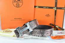 Hermes Reversible Belt Brown/Black Snake Stripe Leather With 18K Silver Geometric Stripe H Buckle