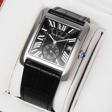 Cartier Tank MC swiss quartz watch for men steel black dial and leather strap
