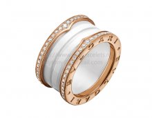Replica Bvlgari B.zero1 4-Band Ring Rose Gold and White Ceramic with Pave Diamonds Along the Edges