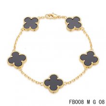 Imitation Van Cleef & Arpels Alhambra Bracelet In Yellow With 5 Black Clover