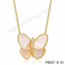 Imitation Van Cleef & Arpels Butterfly Pendant In Yellow Gold With White Mother-Of-Pearl