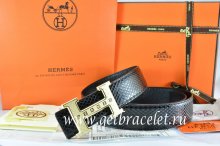 Hermes Reversible Belt Black/Black Snake Stripe Leather With 18K Gold Weave Stripe H Buckle