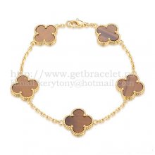 Van Cleef & Arpels Vintage Alhambra Bracelet 5 Motifs Yellow Gold With Tiger's Eye Mother Of Pearl