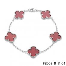Cheap Van Cleef & Arpels Alhambra Bracelet In White With 5 Red Clover