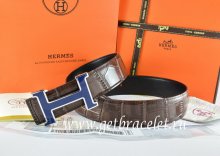 Hermes Reversible Belt Brown/Black Crocodile Stripe Leather With18K Blue Narrow H Buckle