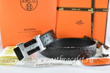 Hermes Reversible Belt Black/Black Ostrich Stripe Leather With 18K Silver Geometric Stripe H Buckle