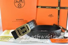 Hermes Reversible Belt Black/Black Ostrich Stripe Leather With 18K Gold Lace Strip H Buckle