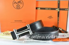 Hermes Reversible Belt Black/Black Snake Stripe Leather With 18K Silver Idem Buckle