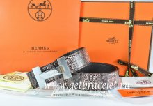 Hermes Reversible Belt Brown/Black Snake Stripe Leather With 18K Silver H Logo Buckle